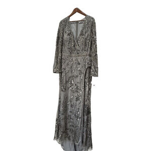 Mac‎ Duggal Womens Size 24 Gray Sequins Jeweled Belt Wrap Maxi Gown Dress NWT